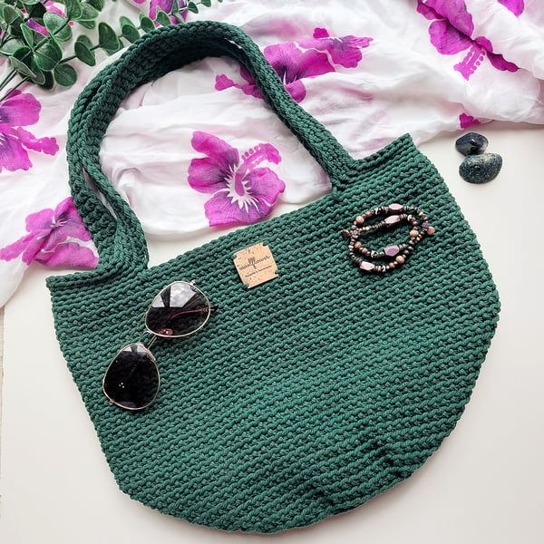 Crochet Cotton Beach Handbag Totebag In Green