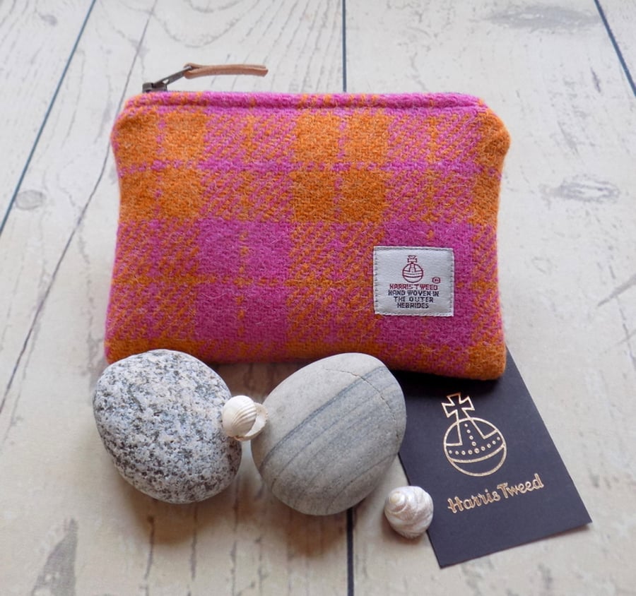 Harris Tweed large coin purse. Check plaid weave in orange and pink