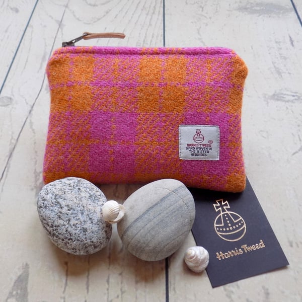 Harris Tweed large coin purse. Check plaid weave in orange and pink