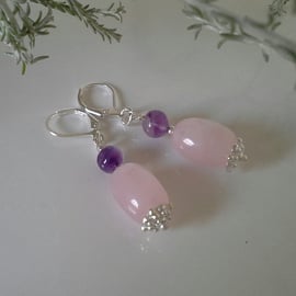 Rose Quartz & Amethyst Quality Leaver Back Silver Plate Earrings