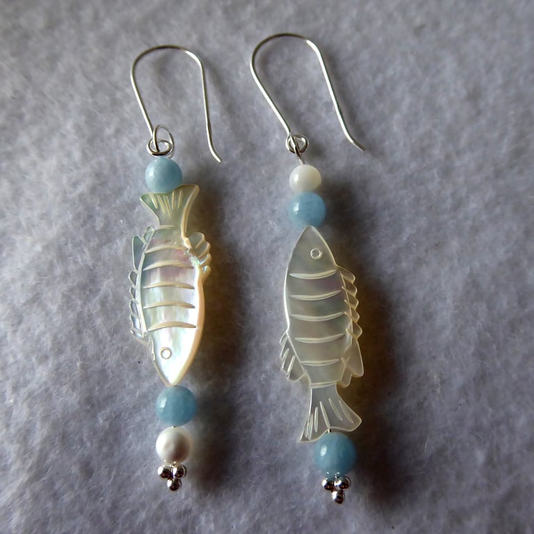   Sterling Silver, Aquamarine & Mother of Pearl Pisces Earrings