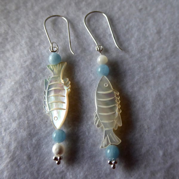   Sterling Silver, Aquamarine & Mother of Pearl Pisces Earrings