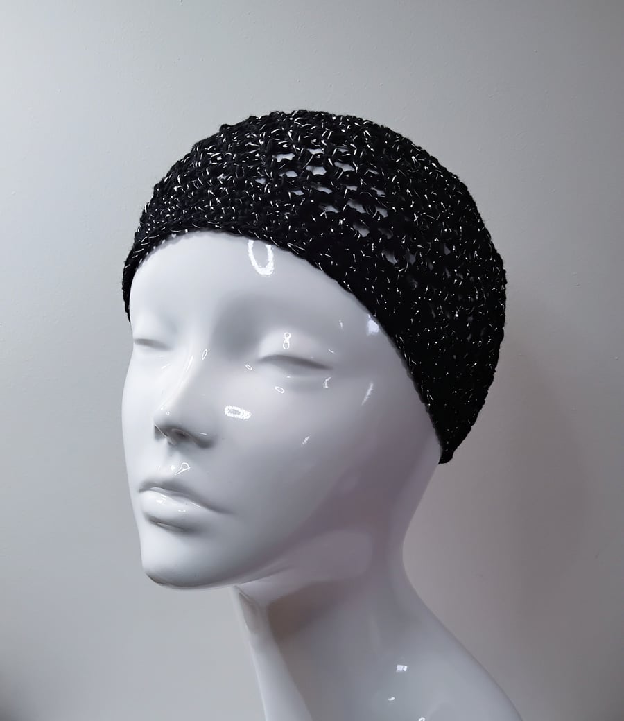 Black and Silver Sparkly Crochet Boho Mesh Skull Cap