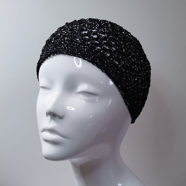 Black and Silver Sparkly Crochet Boho Mesh Skull Cap