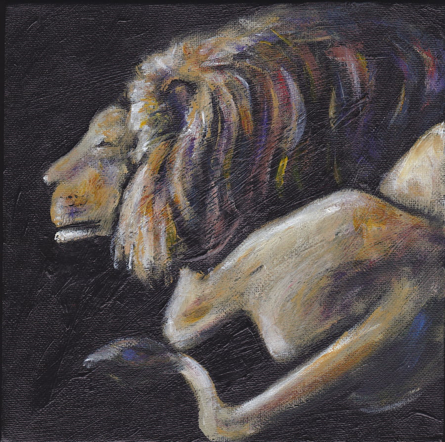 Sleepy Lion Original Art Acrylic Painting on Box Canvas