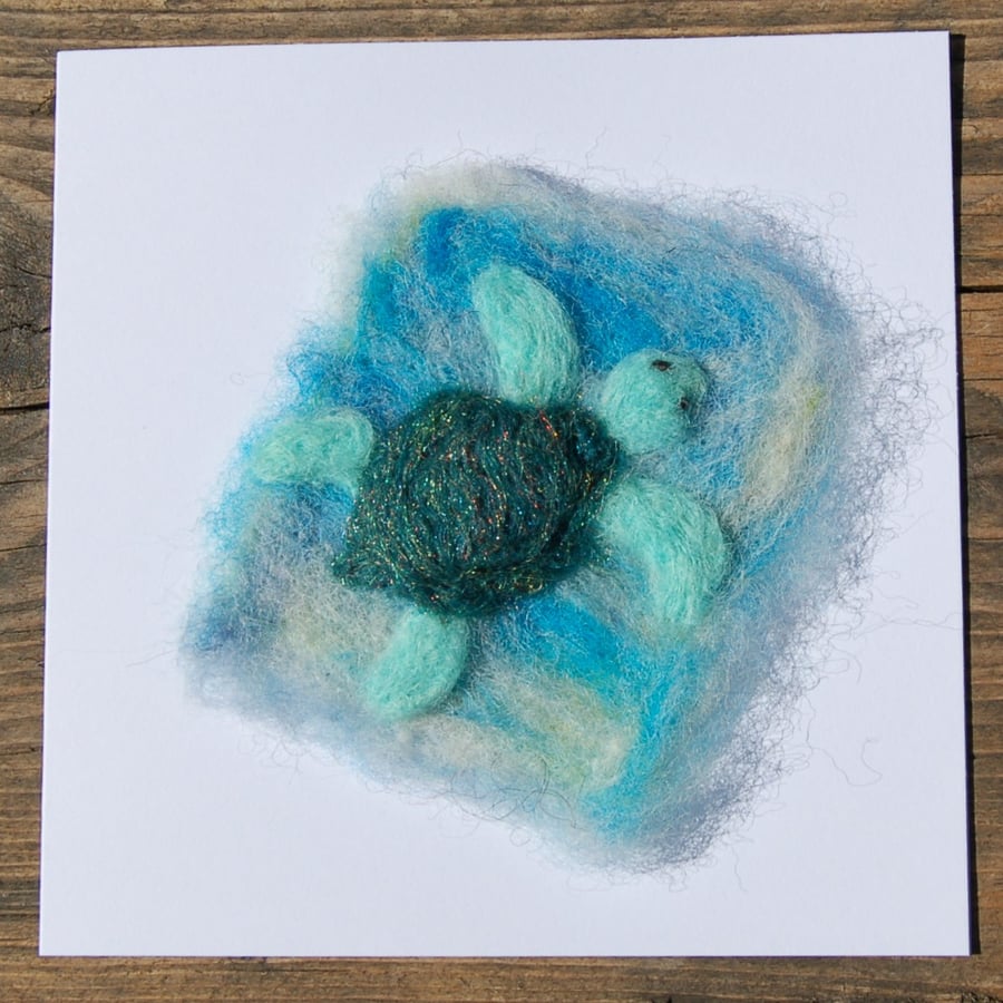 Birthday card. Needle felt turtle. Blank greetings card with turtle design