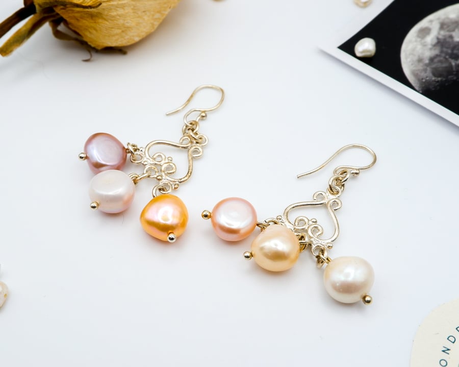 Sterling Silver Multicoloured Freshwater Pearl Chandelier Earrings 