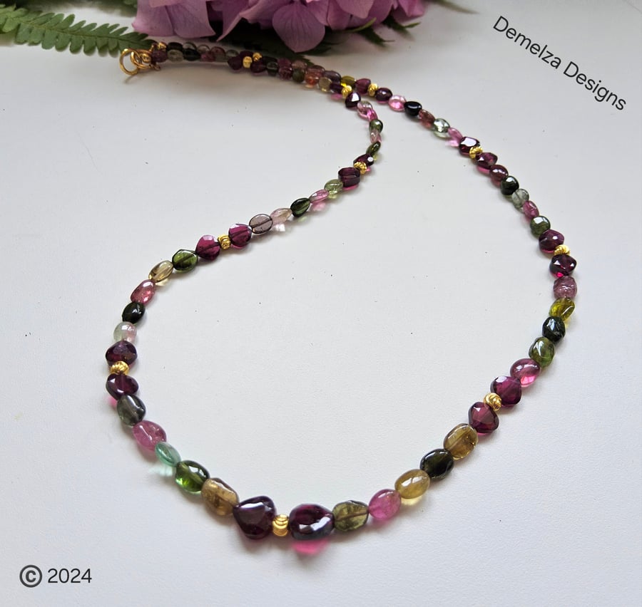 Dainty Watermelon Tourmaline & Rhodolite Garnet  Gold Vermeil Necklace