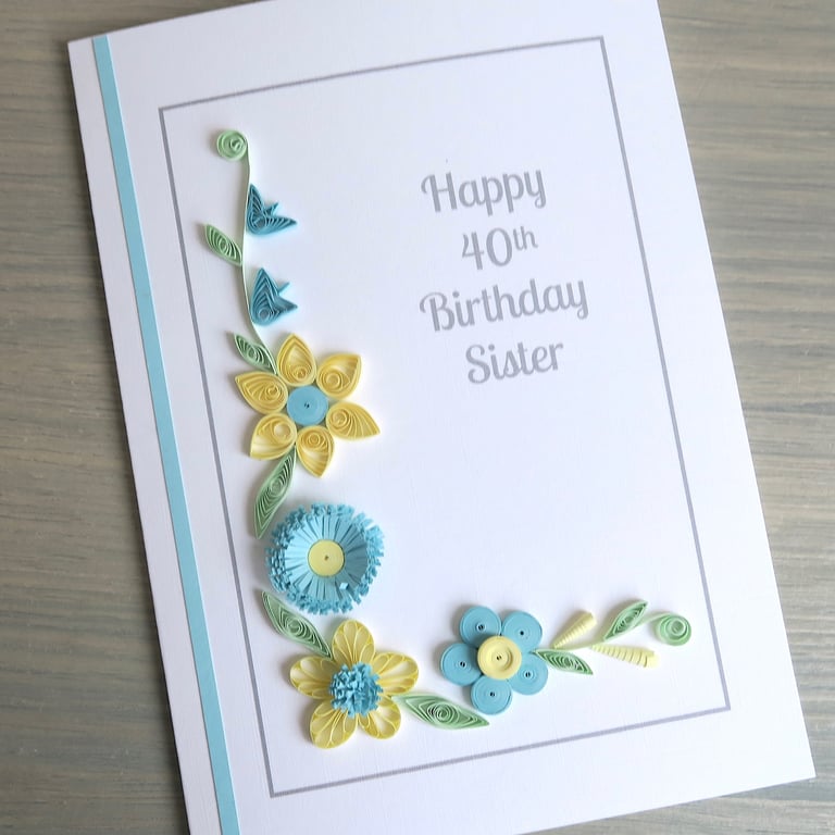Personalised 40th birthday card handmade with quilled blue and lemon flowers