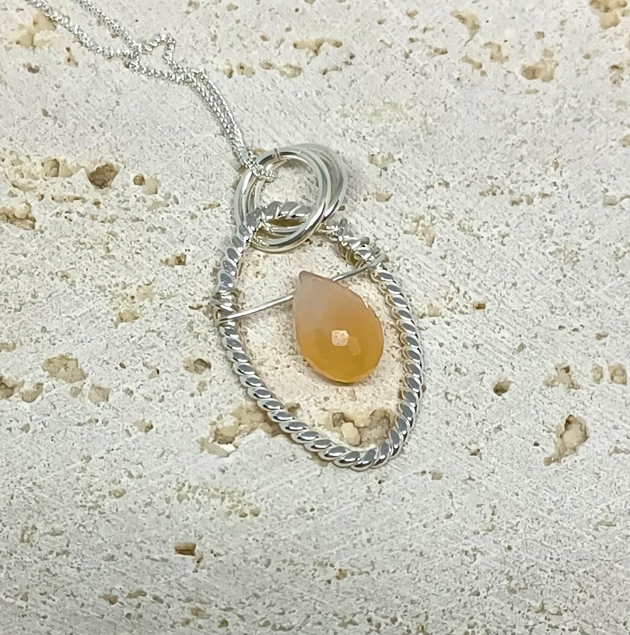 Peach Faceted Moonstone Pendant, Wire Wrapped Jewellery, Sterling Silver Necklac
