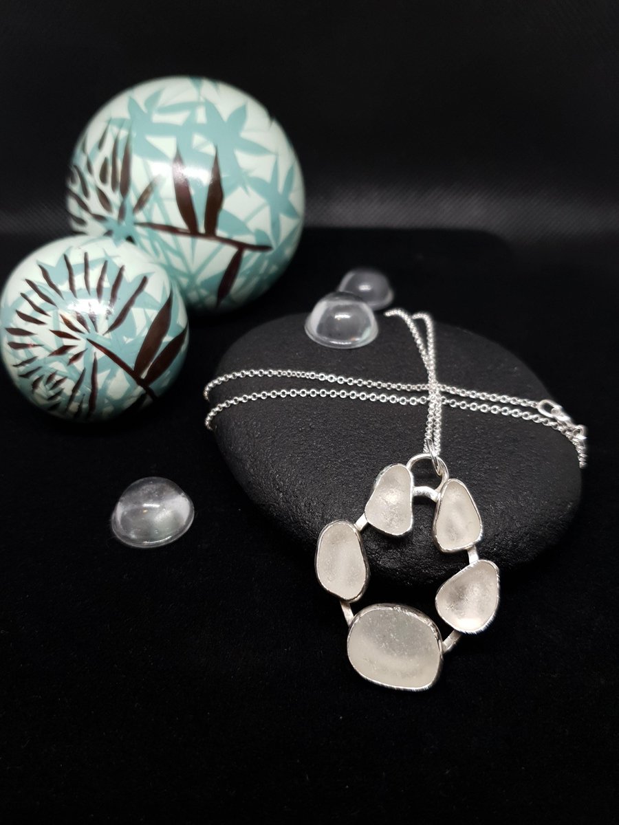 Sterling Silver 925 Seaham White Seaglass Paw Pendant Full Hallmark