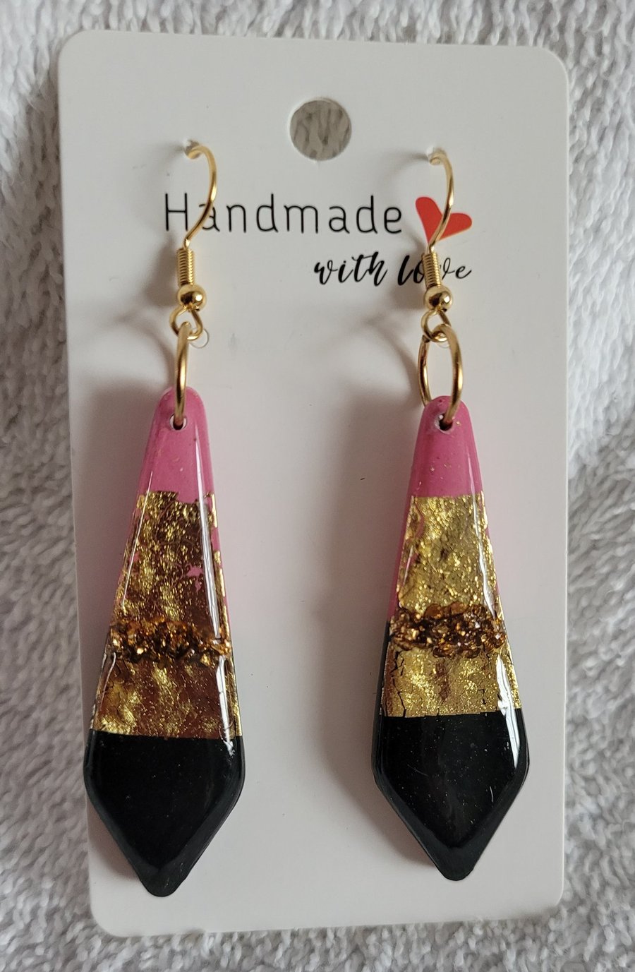 Handmade Polymer Clay Black, Gold and Pink Earrings. 316 Stainless Steel