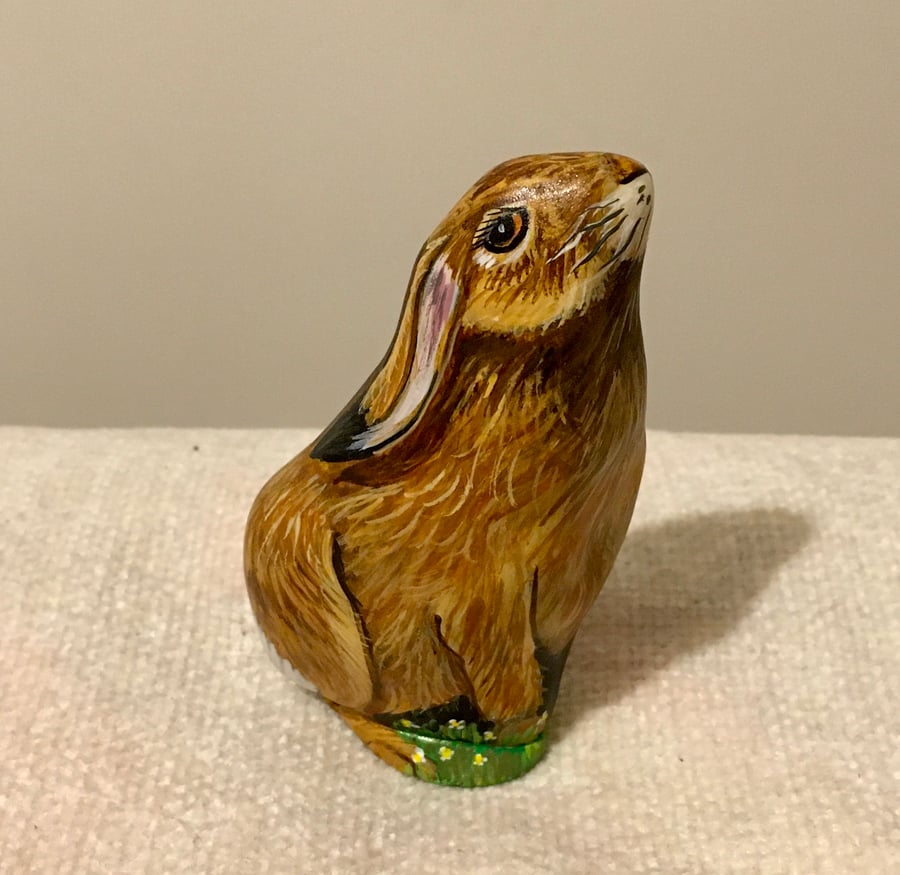 Hare rabbit hand painted pebble garden rock art stone wildlife pet portrait 