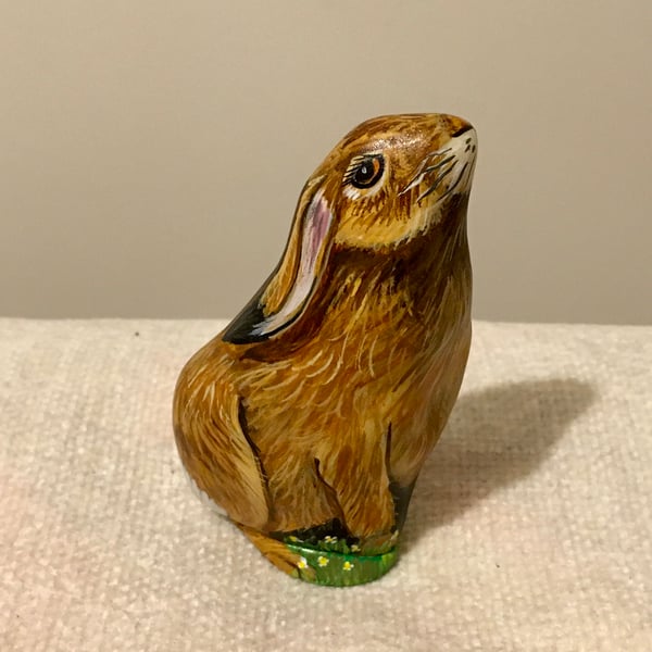 Hare rabbit hand painted pebble garden rock art stone wildlife pet portrait 
