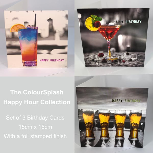 Set of 3 Luxury Birthday Cards - Happy Hour Set - Foil Finish