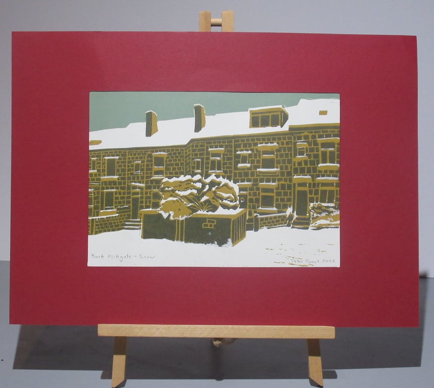 Lino print of "Back Kirkgate - snow"