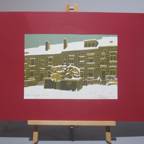 Lino print of "Back Kirkgate - snow"