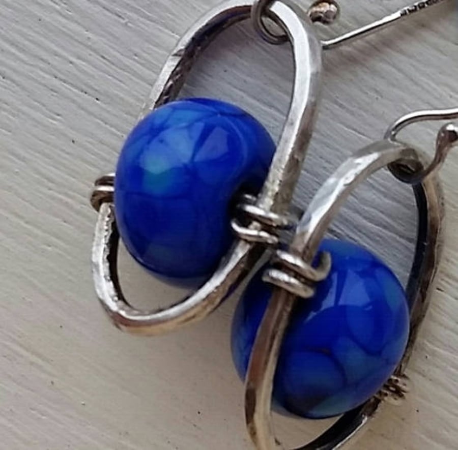 Sterling Silver Hoop Earrings Set with Handmade Glass Bead