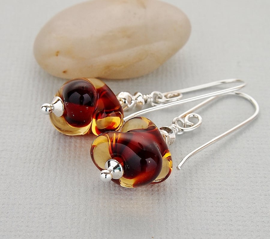  Amber Lampwork Glass Bead Earrings - Sterling Silver