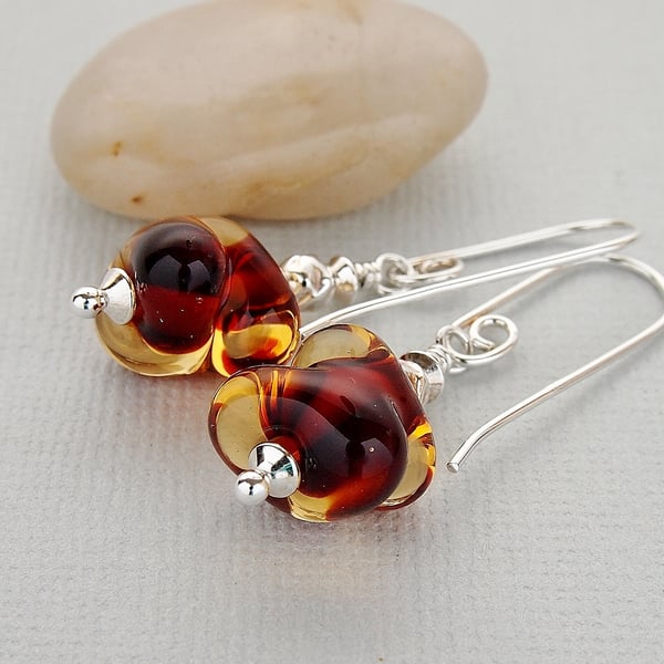  Amber Lampwork Glass Bead Earrings - Sterling Silver