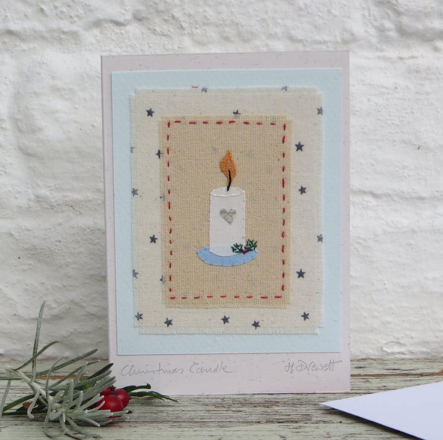 Christmas Candle hand-stitched miniature on recycled card, detailed and unique