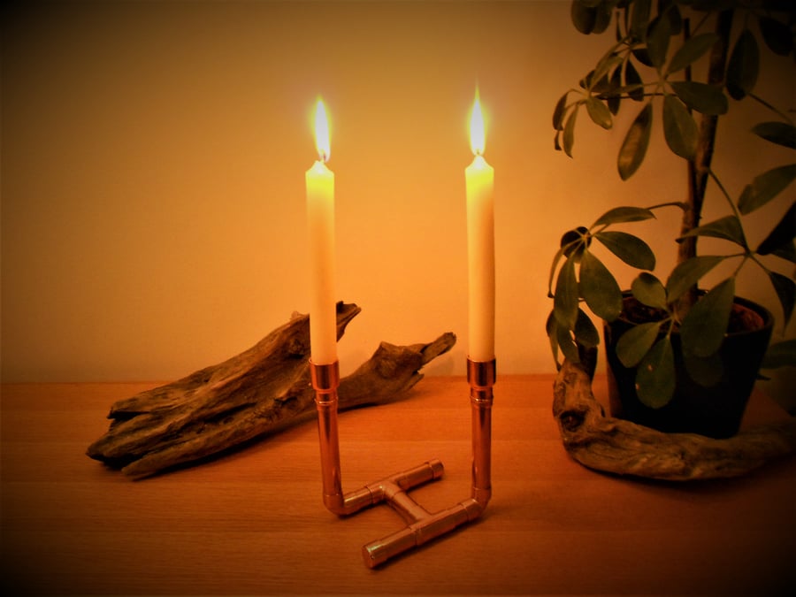 Copper pipe candle holder (two stem)