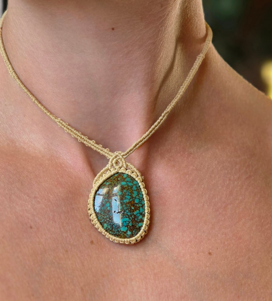 African Turquoise Macrame Gemstone Pendant Necklace - Adjustable in length