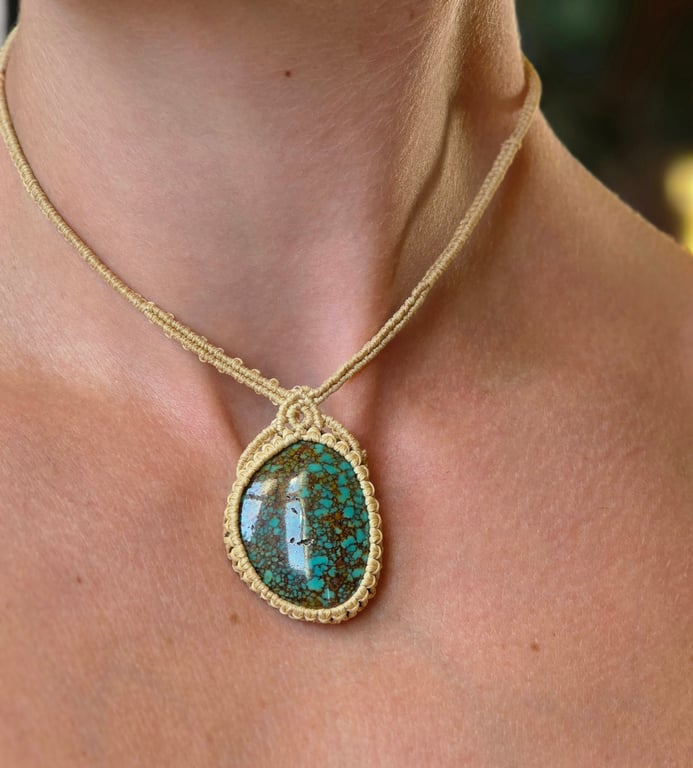 African Turquoise Macrame Gemstone Pendant Necklace - Adjustable in length