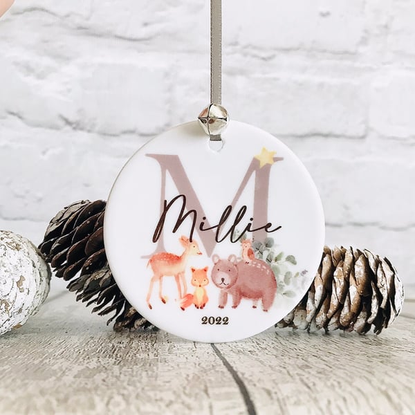 Personalised child name initial christmas bauble, babys first christmas bauble, 