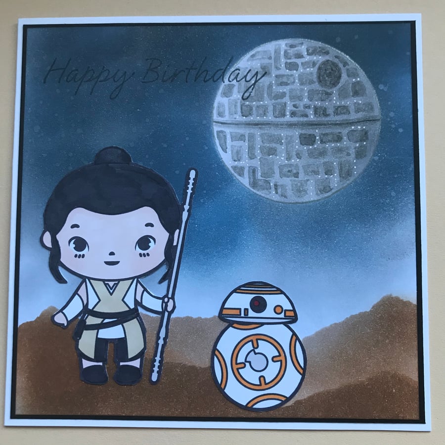Whimsical Star Wars - Birthday Card - Rey & BB8