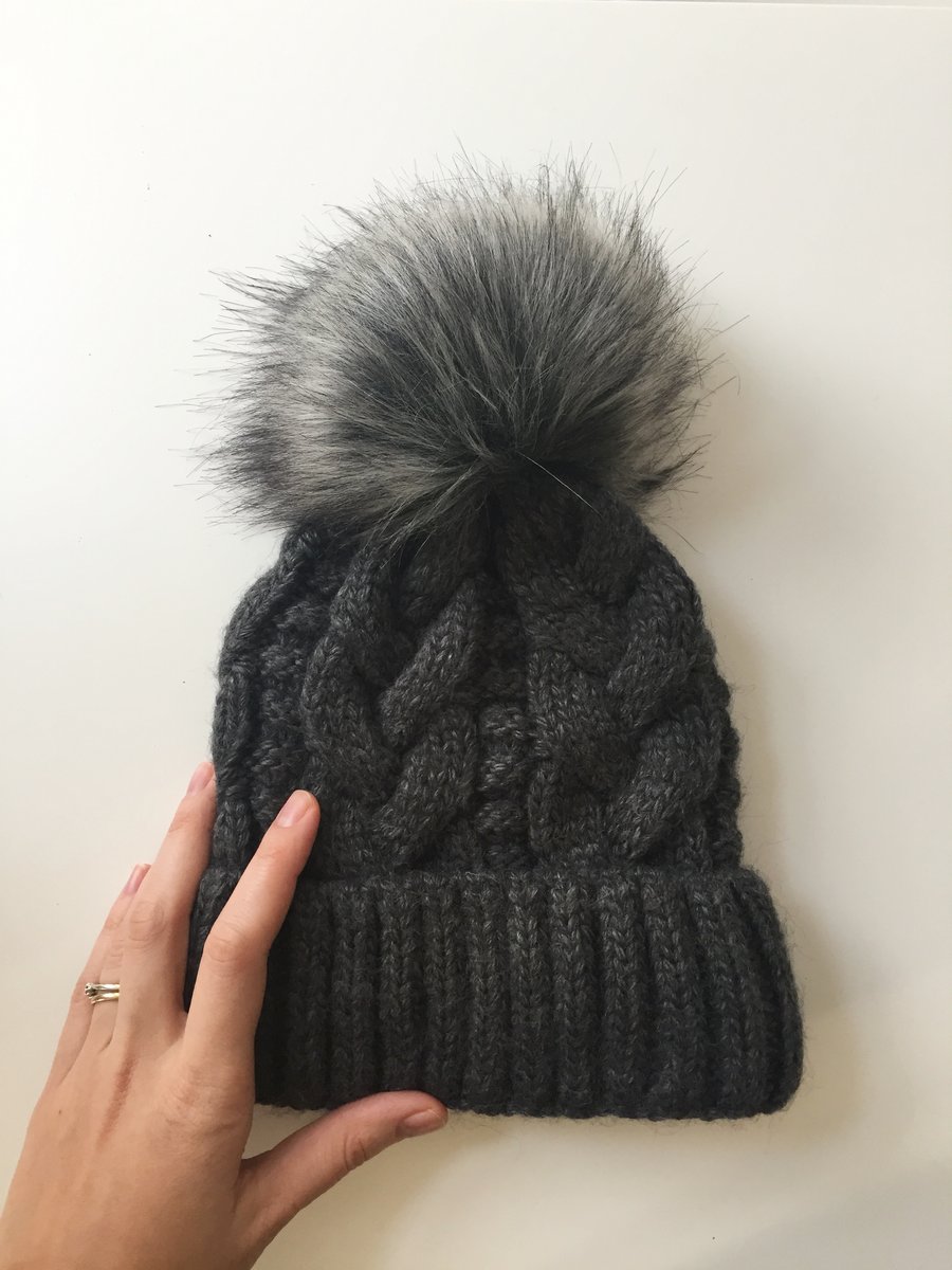 READY TO SHIP Faux Fur Pom Pom Knitted Wool Hat Dark Grey Cables Cabled Beanie 