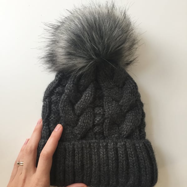 READY TO SHIP Faux Fur Pom Pom Knitted Wool Hat Dark Grey Cables Cabled Beanie 