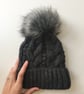 READY TO SHIP Faux Fur Pom Pom Knitted Wool Hat Dark Grey Cables Cabled Beanie  - Image 1