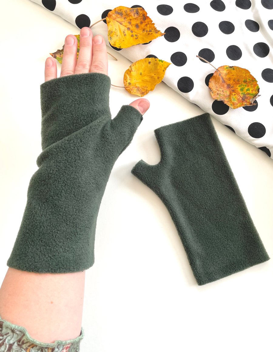 Dark green fingerless wrist warmer gloves Long fleece gloves mittens Gift women