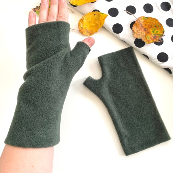 Dark green fingerless wrist warmer gloves Long fleece gloves mittens Gift women