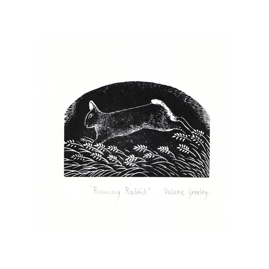 Running Rabbit wood engraved print by Valerie Greeley