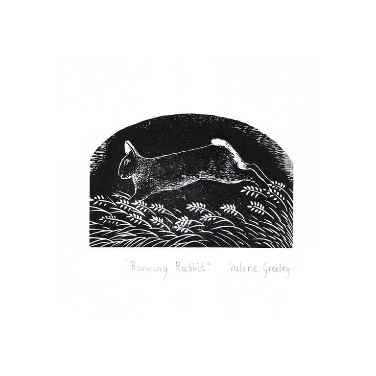 Running Rabbit wood engraved print by Valerie Greeley