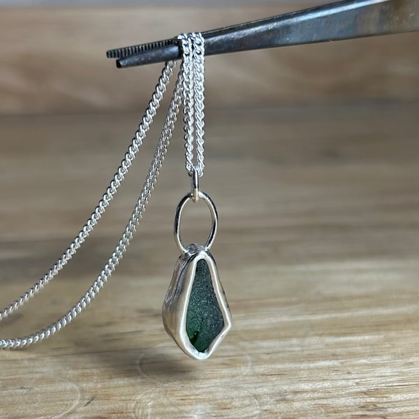 Sterling Silver Dark Green Welsh Sea Glass Pendant Necklace