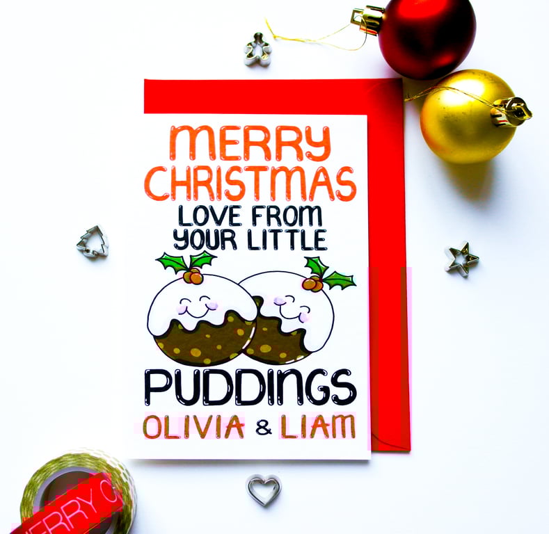 Personalised Christmas Puddings Card for Grandparents, Auntie, Uncle 