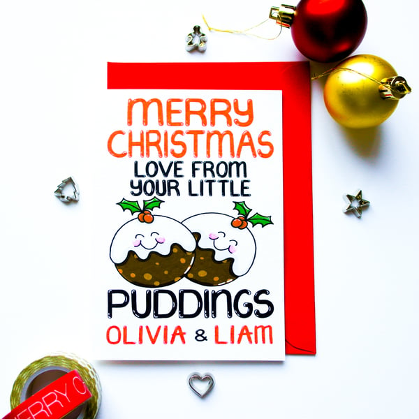 Personalised Christmas Puddings Card for Grandparents, Auntie, Uncle 