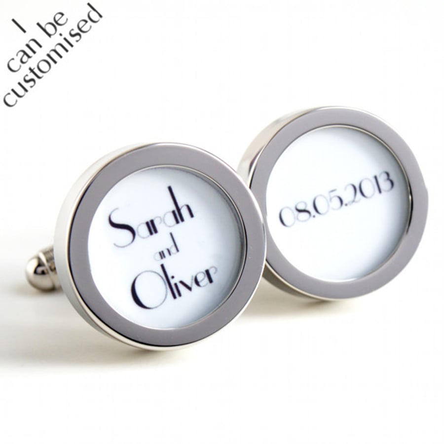 Custom Groom Name and Date Cufflinks with the Names of the Bride and Groom