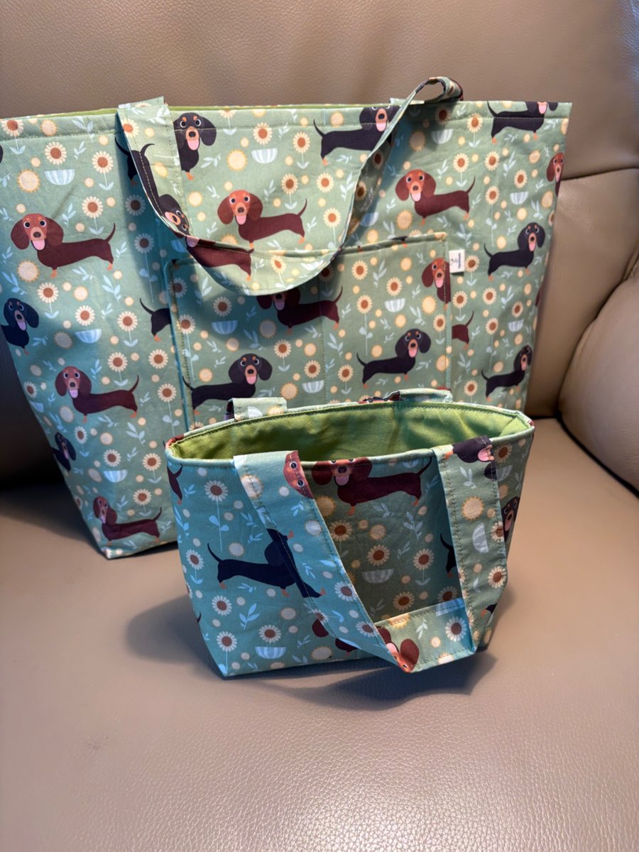 Tote bags parent and child, standard and mini size, daschund fabric
