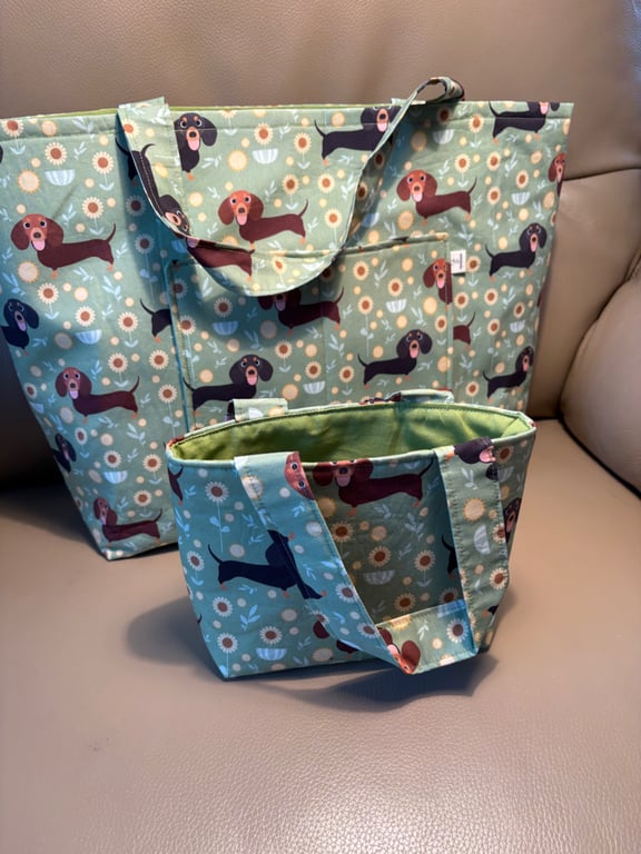 Tote bags parent and child, standard and mini size, daschund fabric