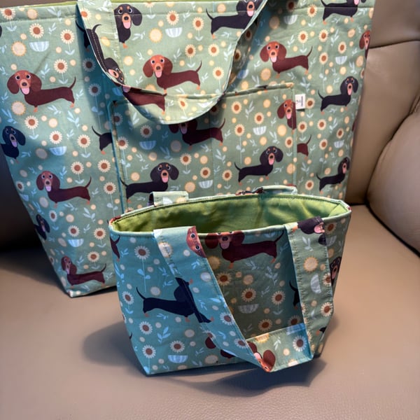Tote bags parent and child, standard and mini size, daschund fabric