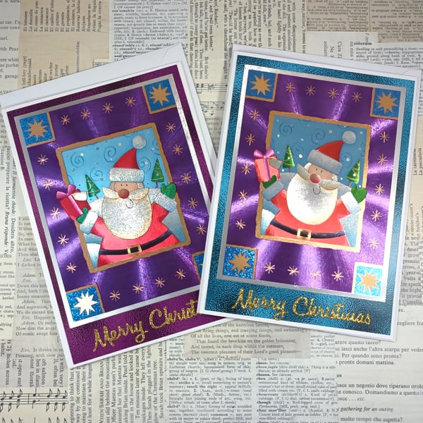 Pack of 4 foiled Santa Christmas cards