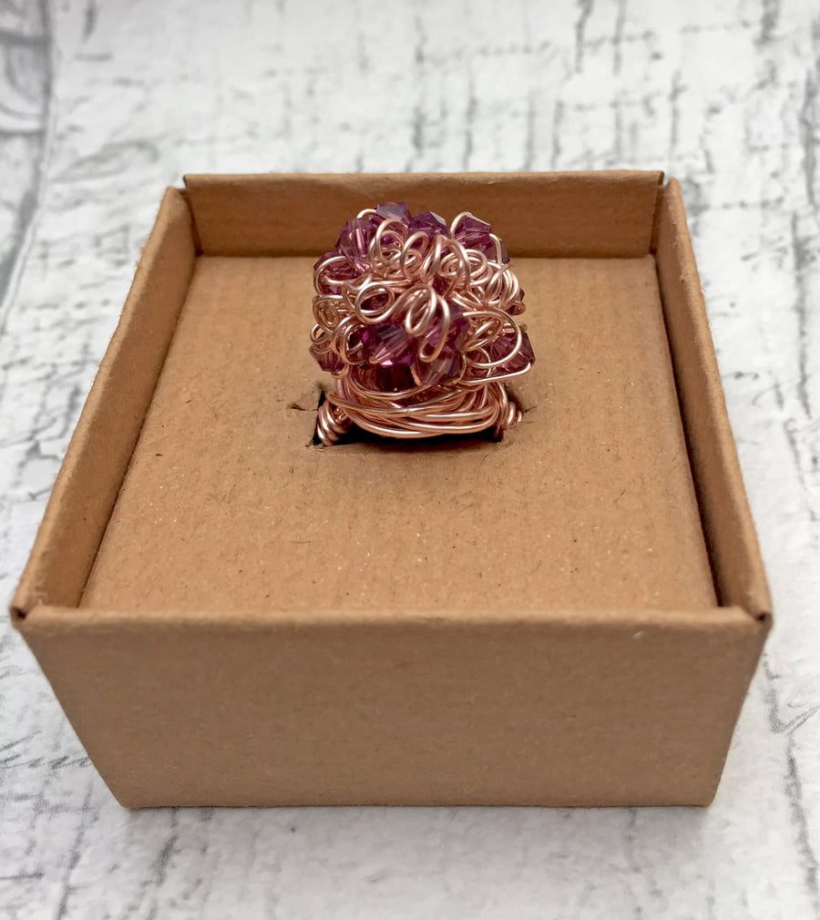 Amethyst Bicone crystal and rose gold wire scrunchy wrapped cocktail ring