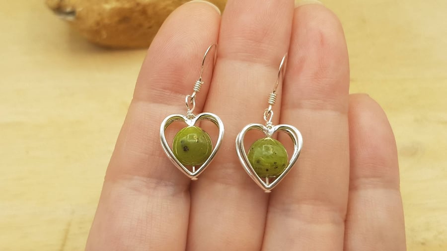 Green Jade heart earrings. Sterling silver 2nd anniversary gemstone