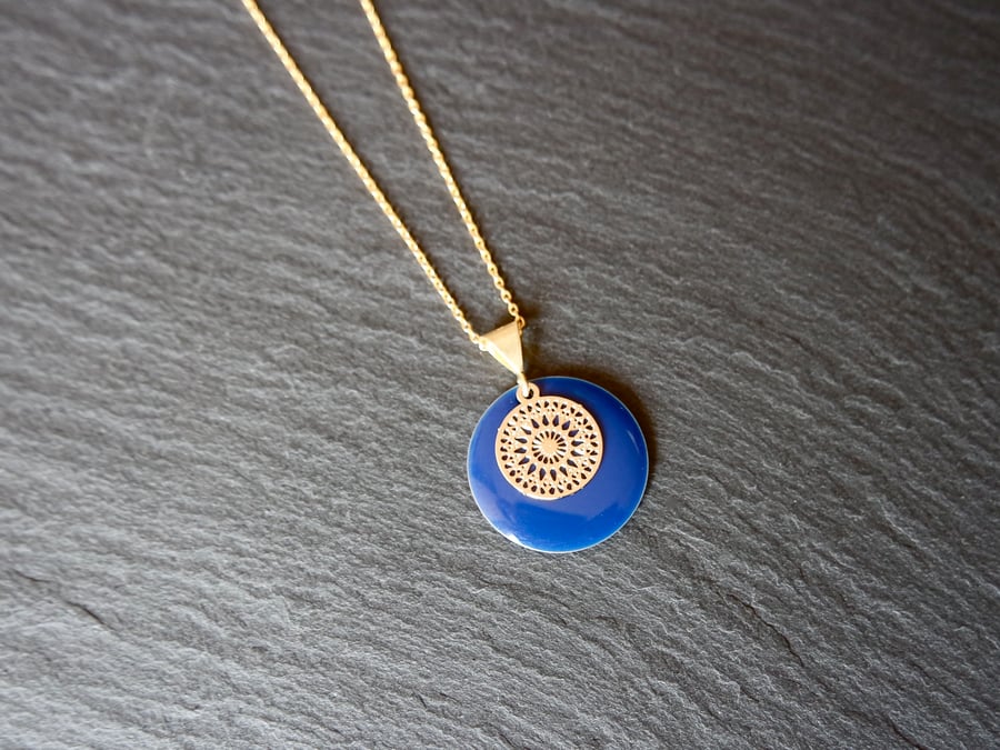Blue Enamel Disk Small Mandala Necklace - Gold Vermeil 925 Sterling Silver 
