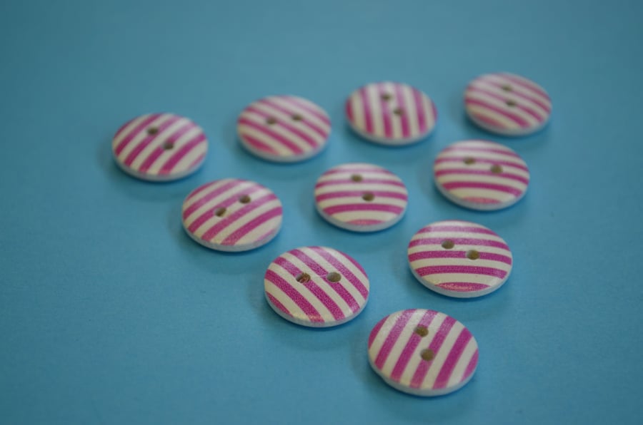 15mm Wooden Striped Buttons Hot Pink White 10pk Stripe Stripey (SST10)