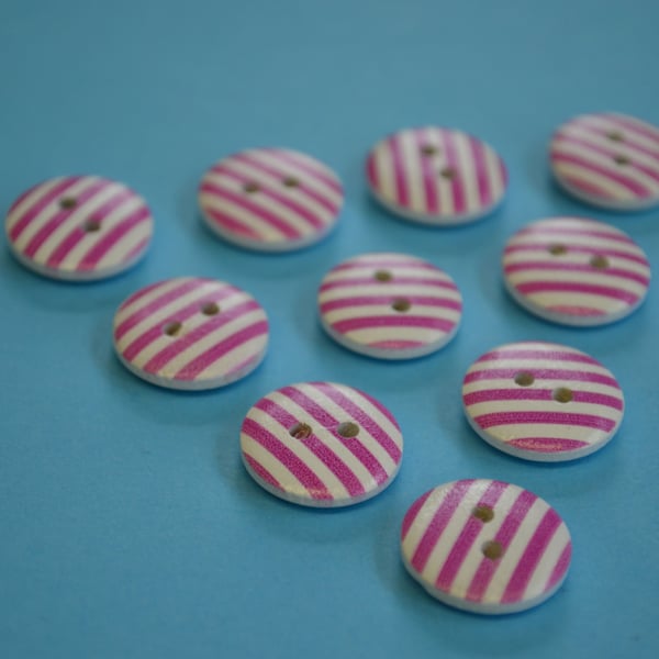 15mm Wooden Striped Buttons Hot Pink White 10pk Stripe Stripey (SST10)